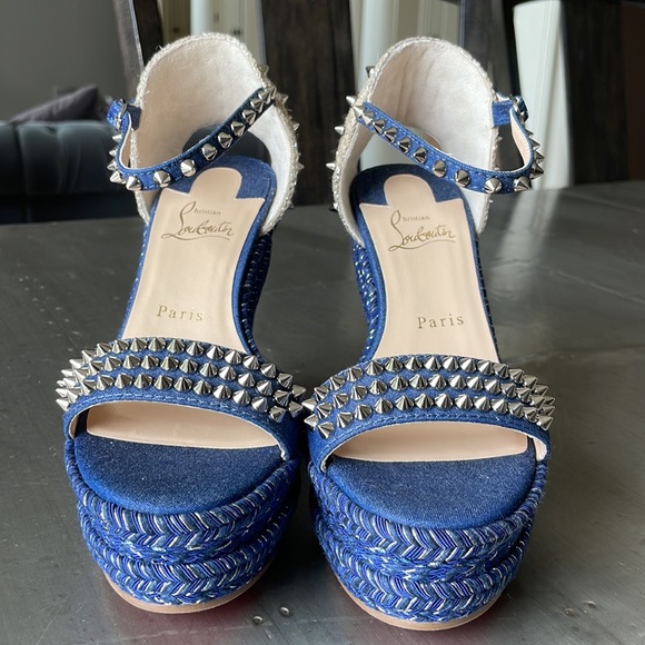 Christian Louboutin madmonica denim beige sandal wedge espadrille 120mm sz 38 - Picture 5 of 13